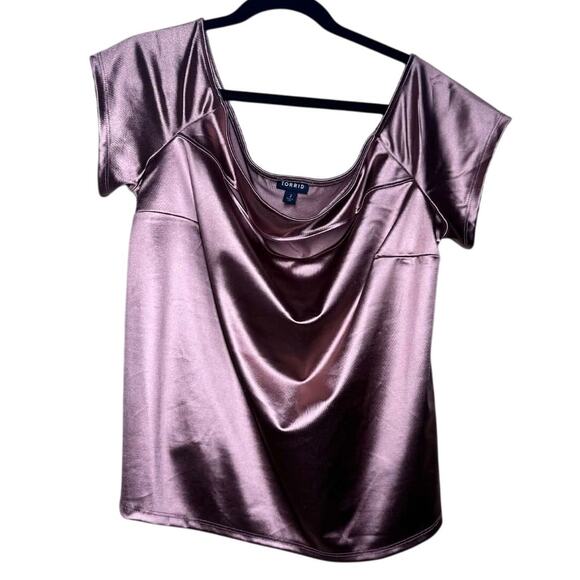 TORRID OFF THE SHOULDER CUTOUT TOP STRETCH SATIN PINK SIZE 2 - Picture 5 of 6